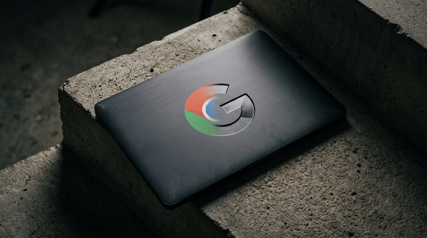 深灰色霧面金屬筆電靜置於階梯上，上蓋 Chrome 標誌在暗光中向 Google G 標誌演變
