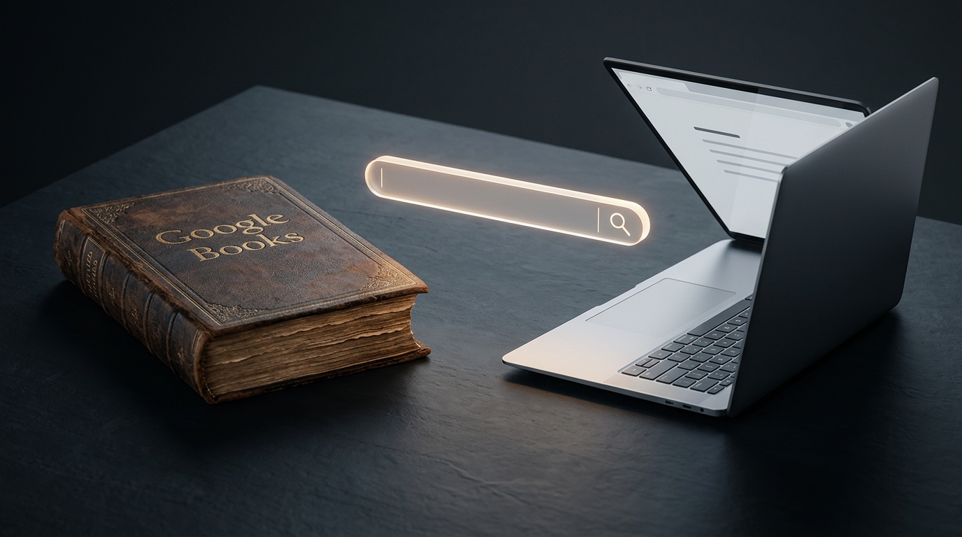 復古皮革精裝書與現代極簡超薄筆電並列於超現實搜尋欄兩端